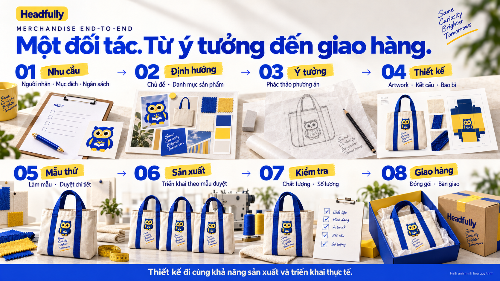 Minh họa tám bước triển khai merchandise: nhu cầu, định hướng, ý tưởng, thiết kế, mẫu thử, sản xuất, kiểm tra và giao hàng.